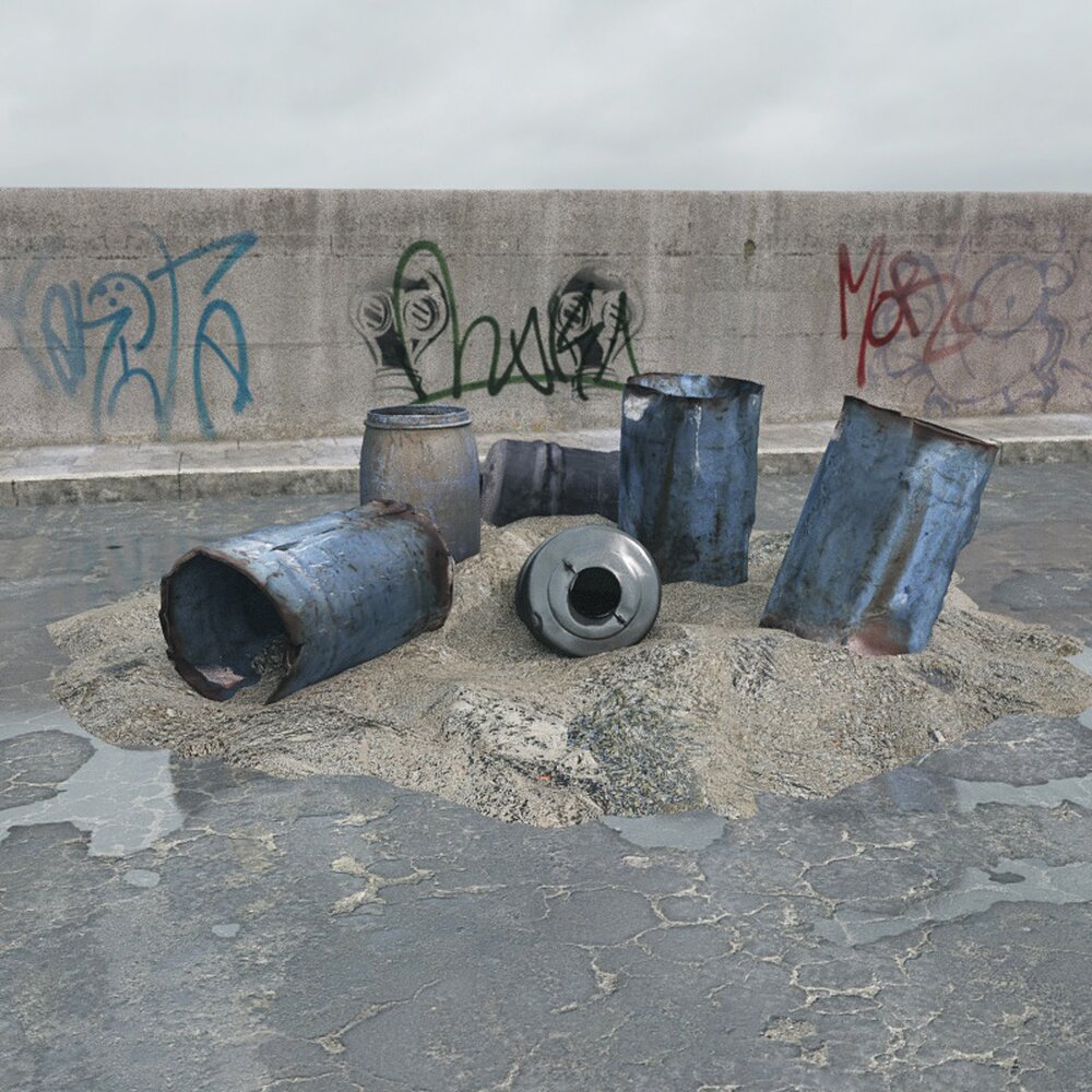 Discarded Barrels on Concrete Modello 3D