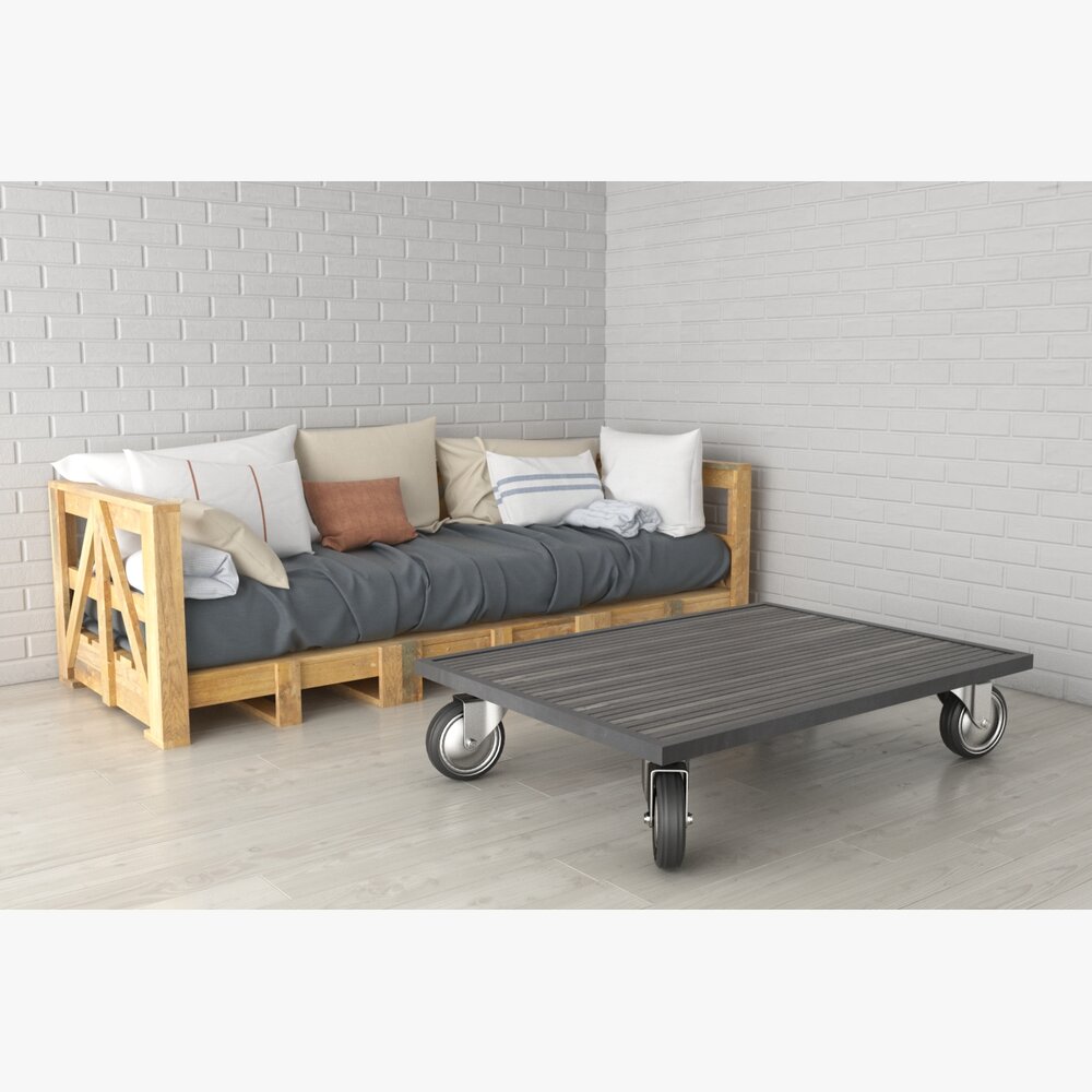 Pallet Sofa and Mobile Coffee Table 3D-Modell