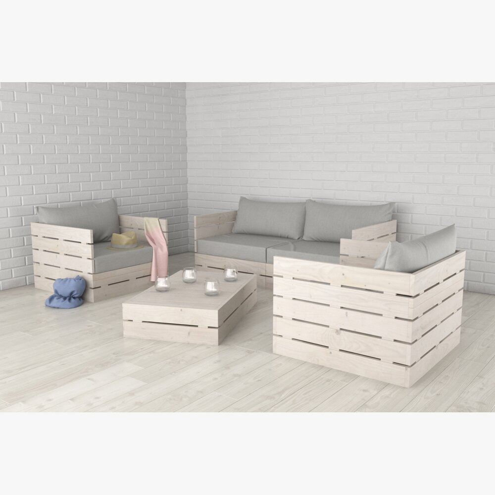 Pallet Slatted Wooden Furniture Set Modelo 3d