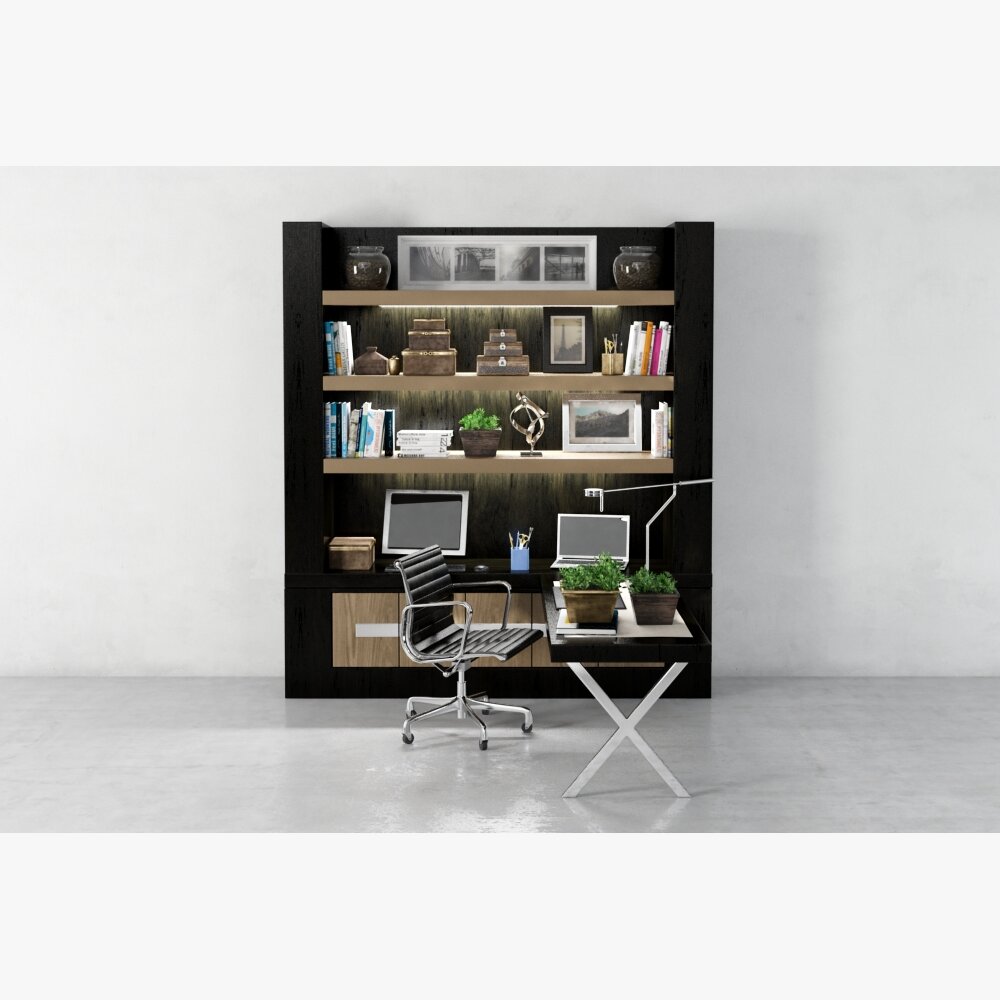 Modern Bookshelf with Built-in Desk Modelo 3D