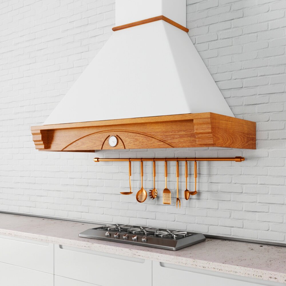Wooden Kitchen Range Hood with Utensil Rack 3D model