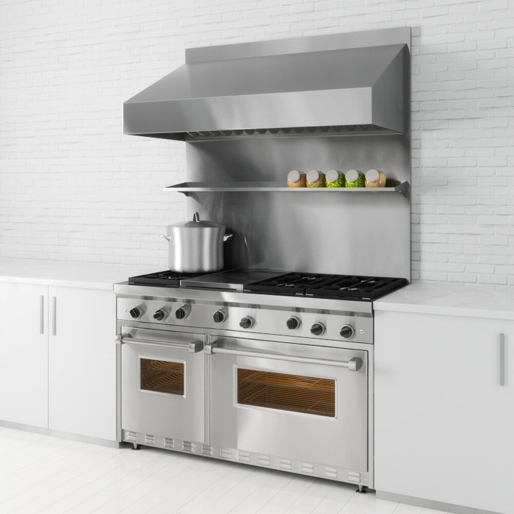 Modern Stainless Steel Range and Hood in Kitchen 3d model