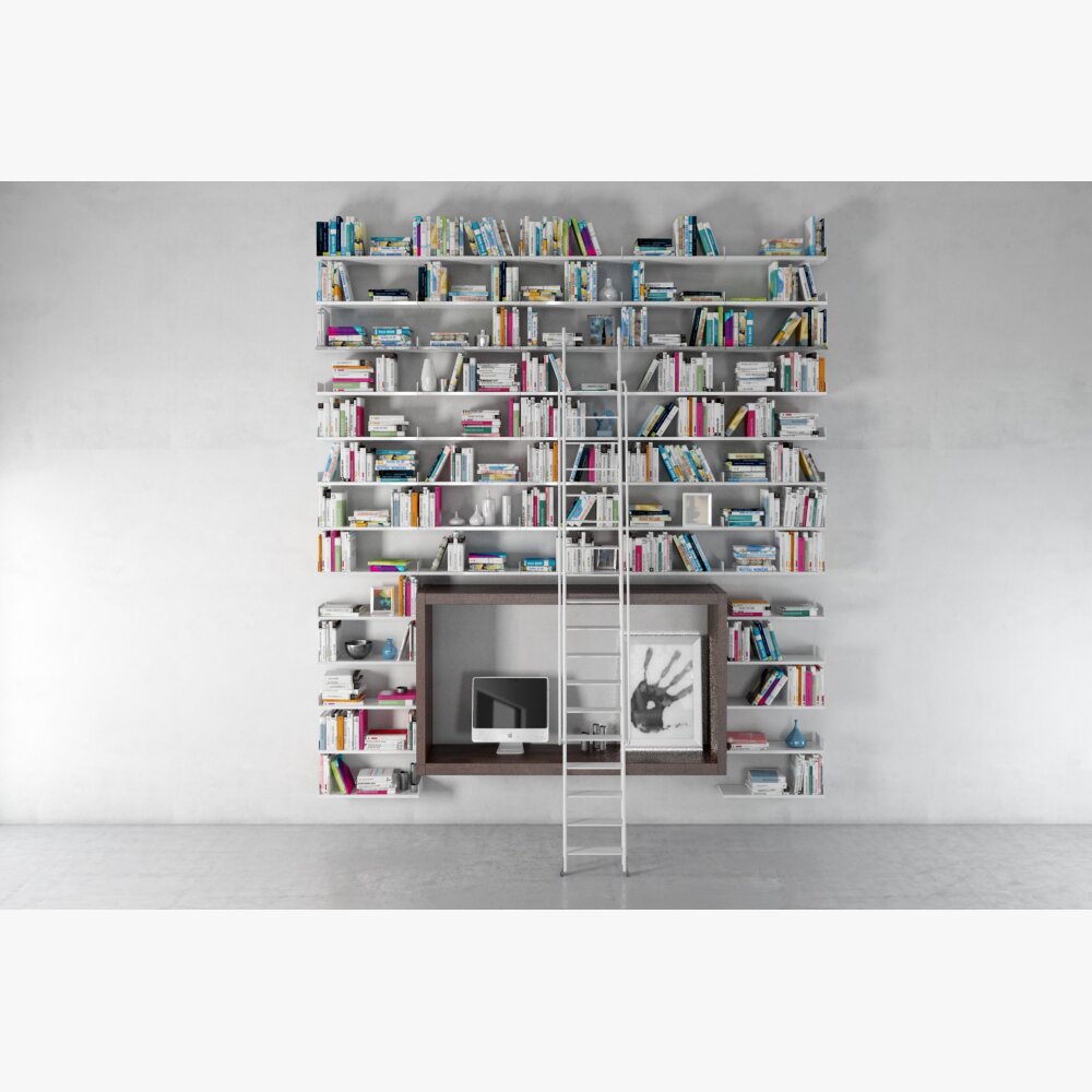 Modern Wall-Mounted Bookshelf with Integrated Workspace 3D модель