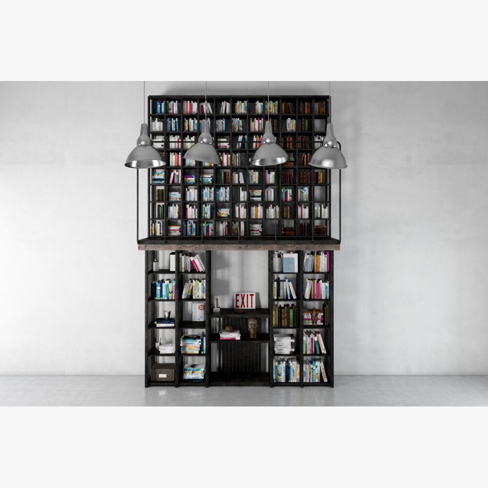 Modern Bookshelf with Integrated Desk and Lighting 3d model