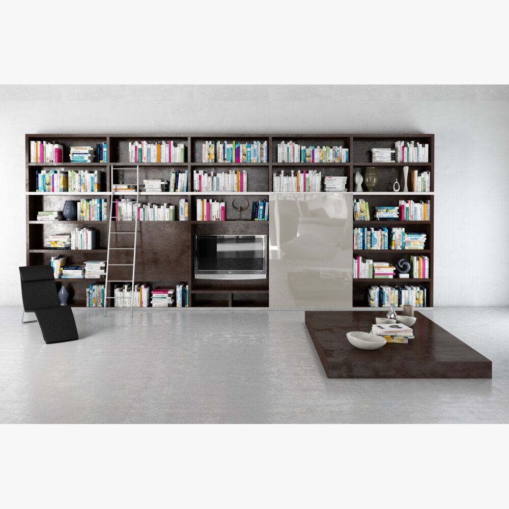 Modern Bookshelf Display with TV and Ladder 3Dモデル