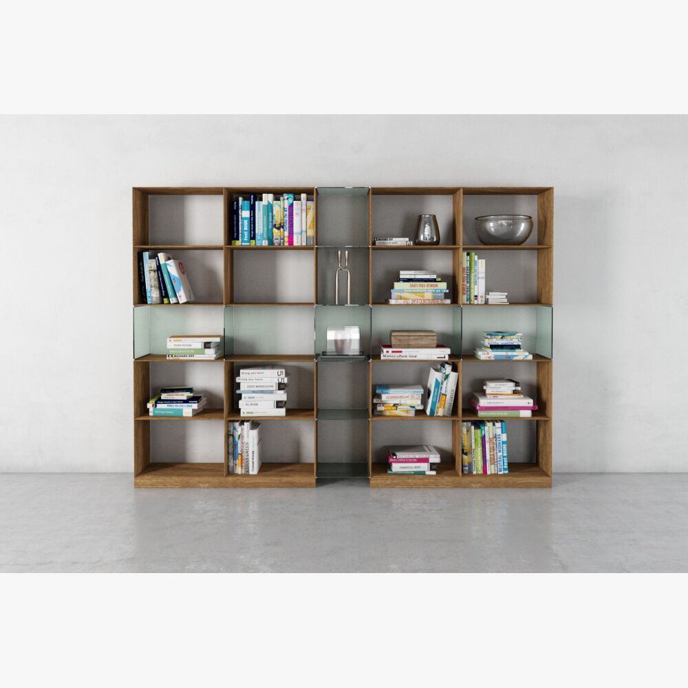 Modern Wooden Bookshelf with Books Modèle 3d