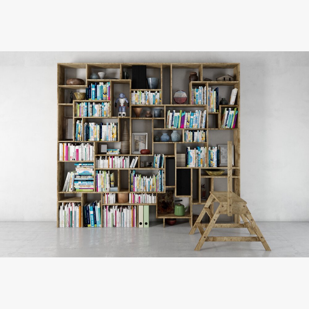 Modern Library Bookshelf with Ladder 3D модель