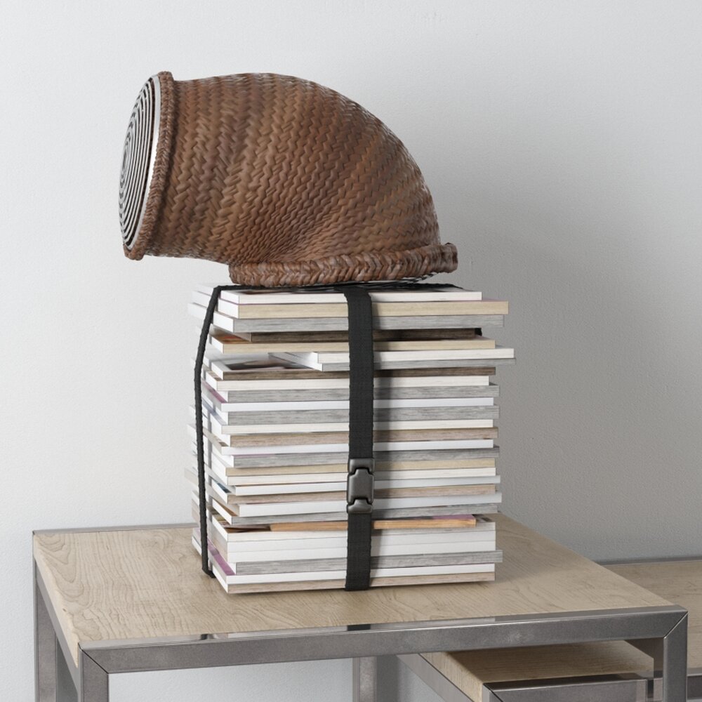 Woven Basket Hat on Book Stack 3d model