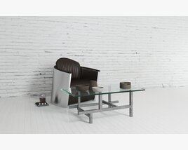 Modern Glass Coffee Table and Leather Chair Set 3Dモデル