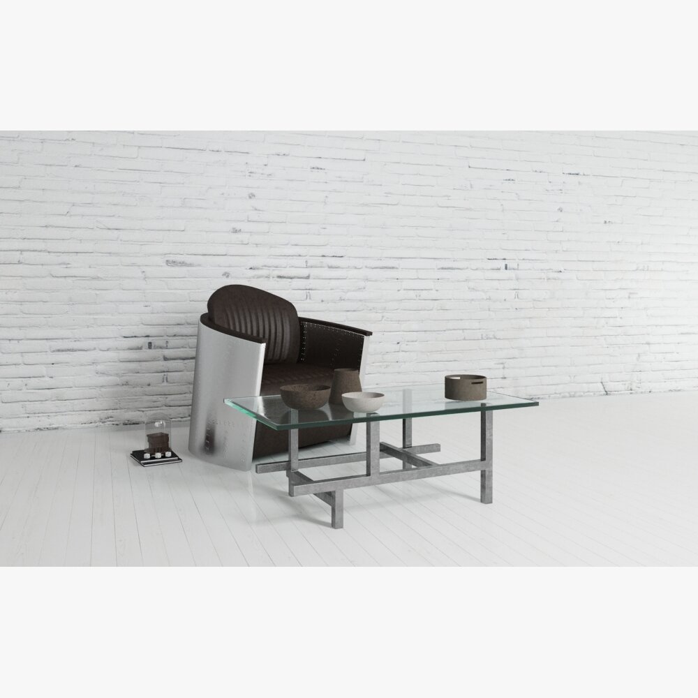 Modern Glass Coffee Table and Leather Chair Set 3D模型