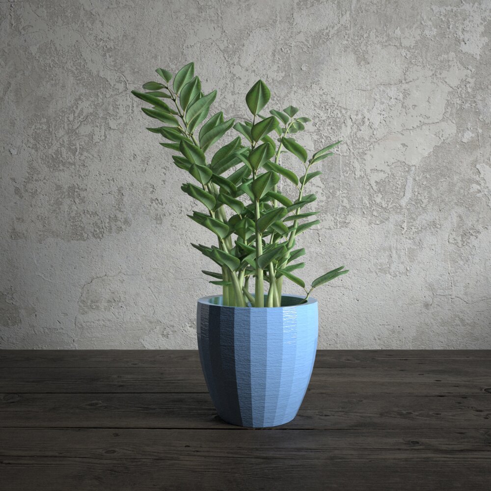 Striped Pot with Green Houseplant Modelo 3D