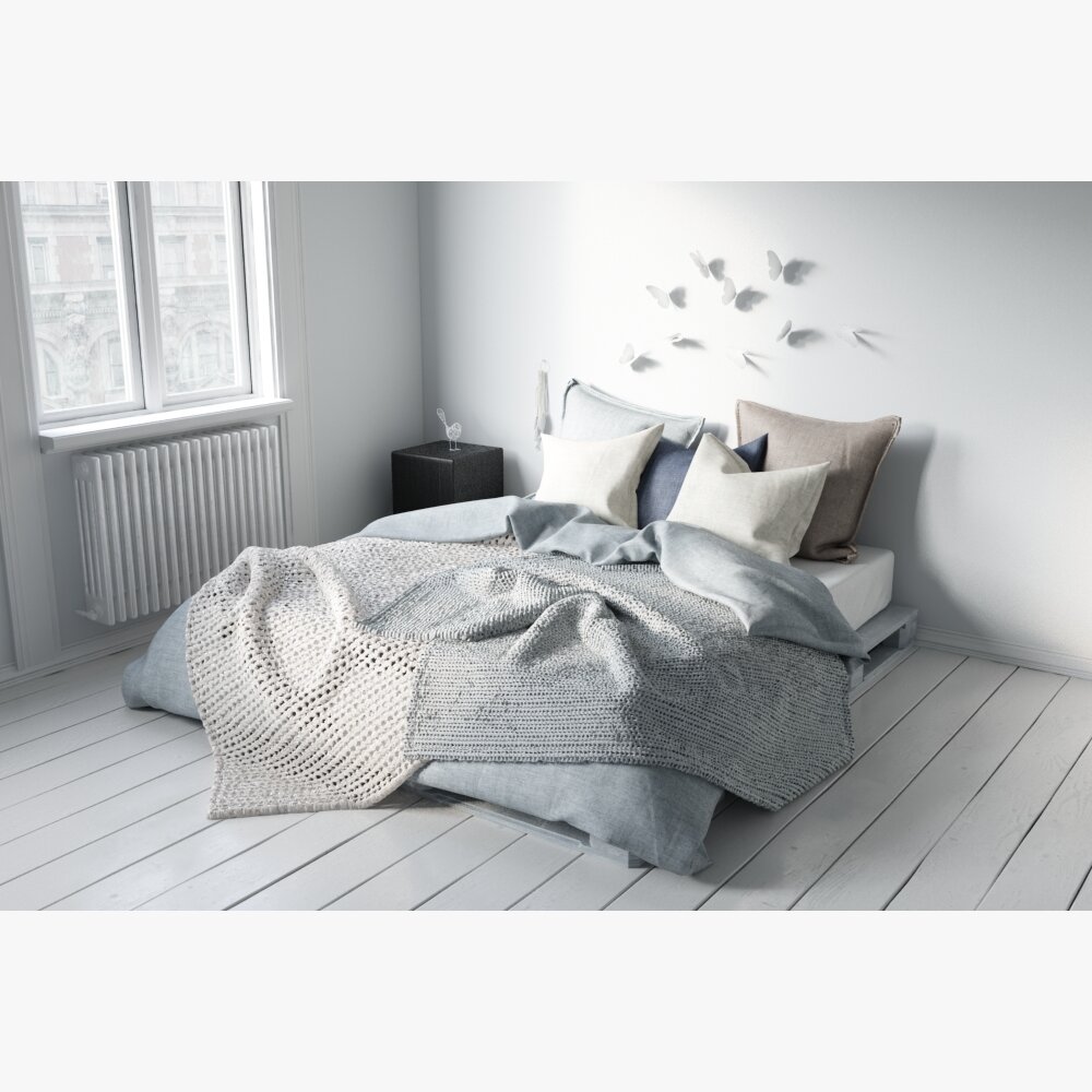 Modern Minimalist Bedroom with Blue Blanket 3D модель