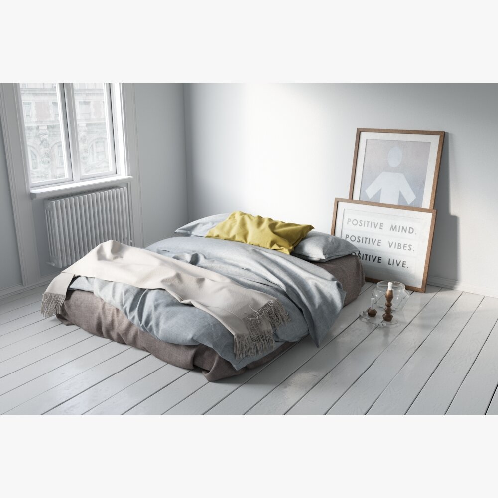Modern Bedroom with Bed on the Floor 3D модель