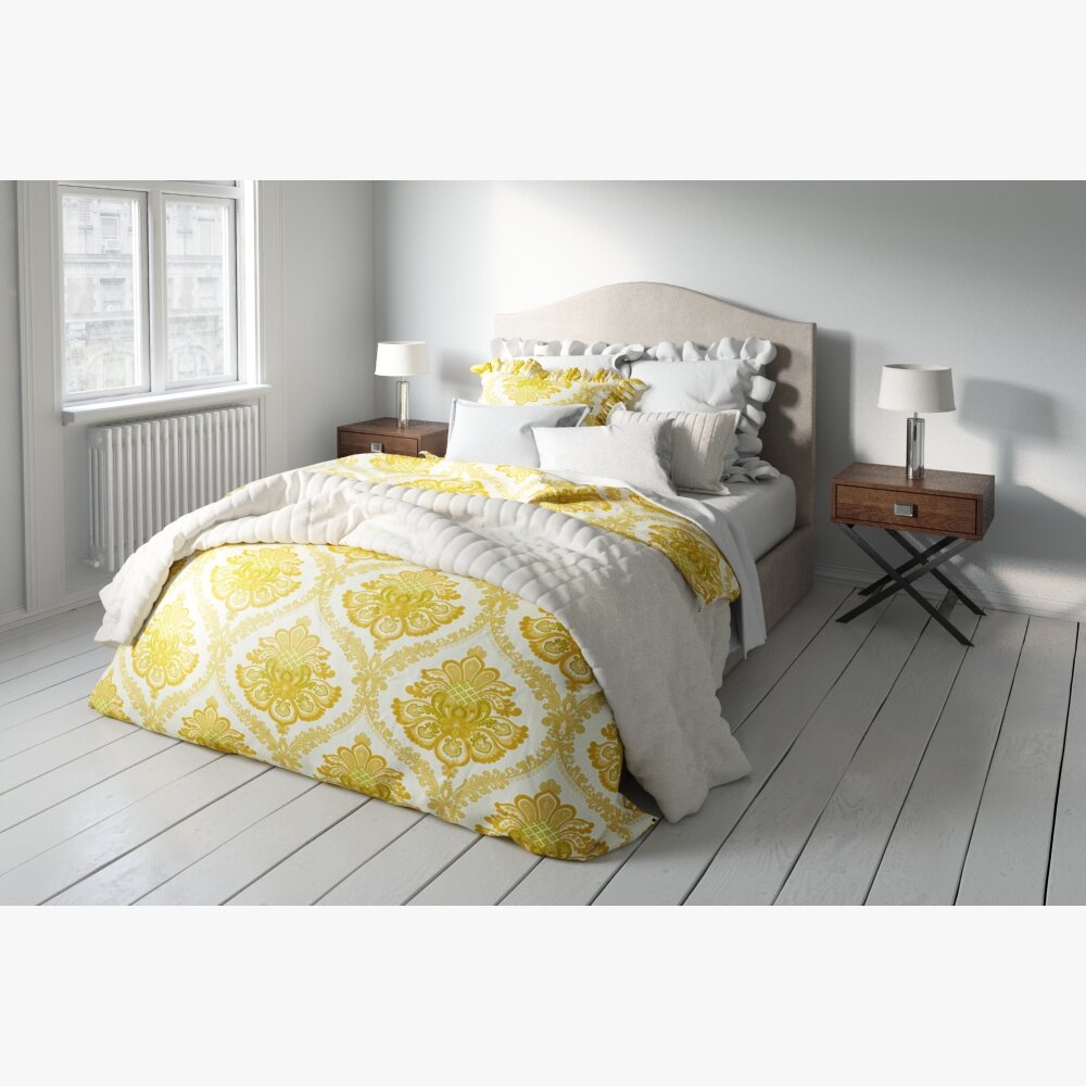Bed with Sunny Motif Comforter Set Modello 3D