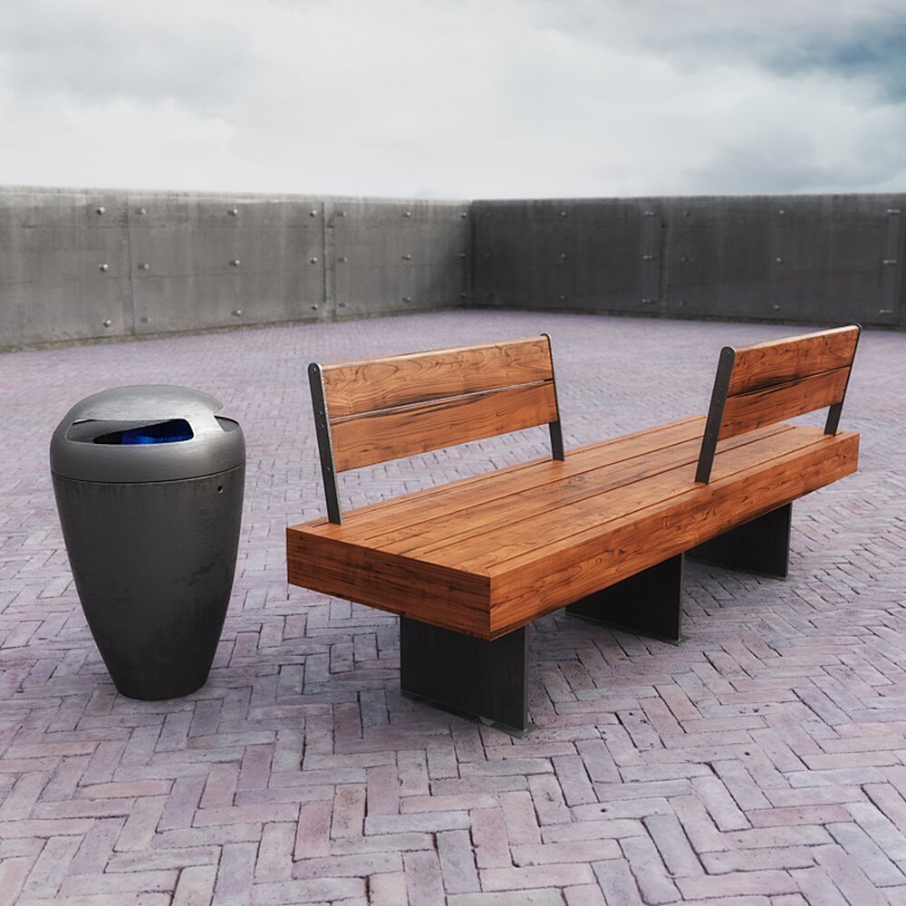 Modern Outdoor Bench and Bin 3D 모델 