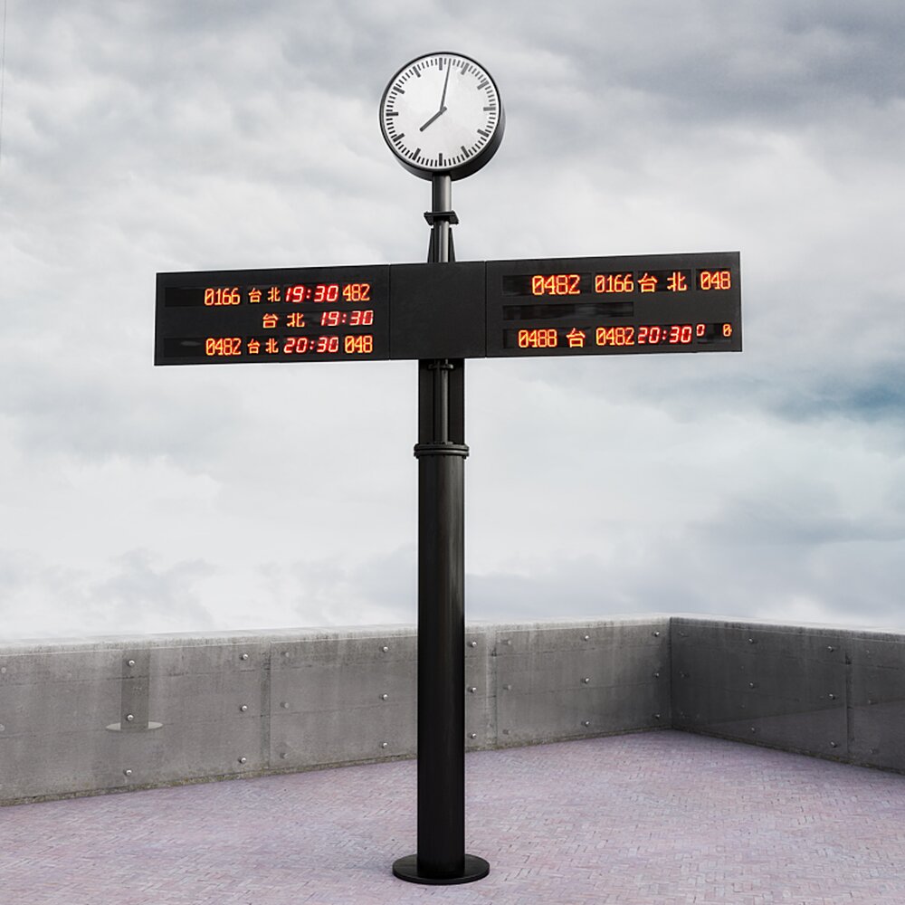 Digital Information Signpost with Clock Modello 3D