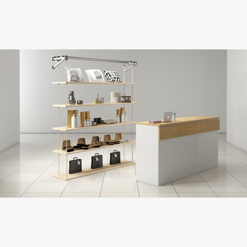 Modern Retail Display Shelves and Counter 3D 모델 
