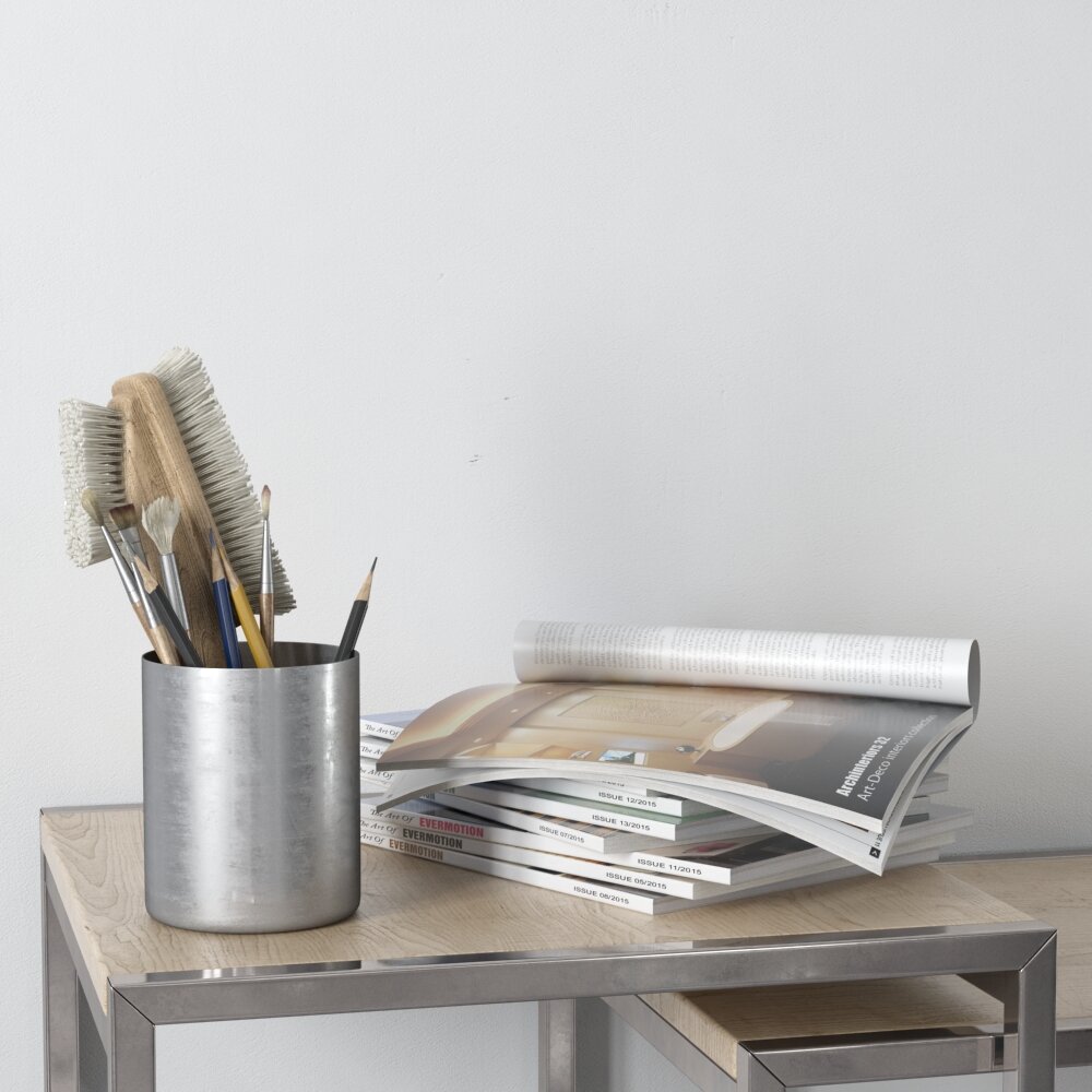 Desk Organizer with Brushes and Magazines 3D 모델 