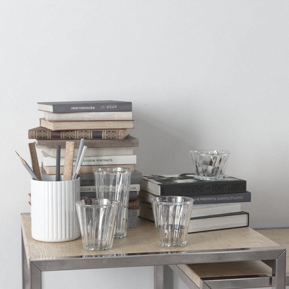 Stack of Books and Glassware on Shelf 3d model