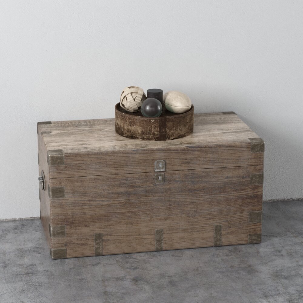 Vintage Wooden Trunk with Decorative Vases 3Dモデル
