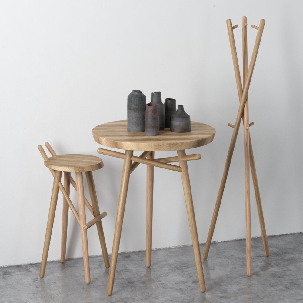 Modern Wooden Side Table and Stool Set Modelo 3d