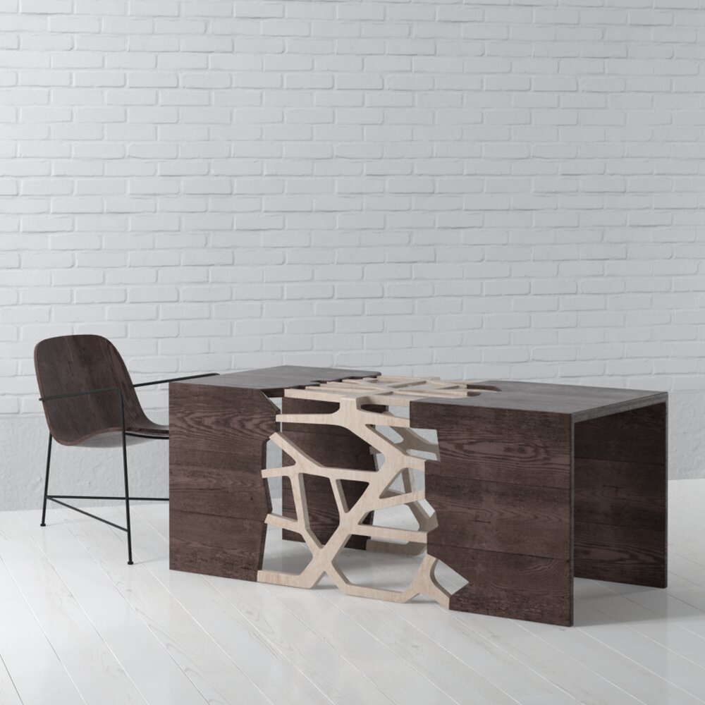 Modern Wooden Desk with Creative Puzzle Legs 3D model