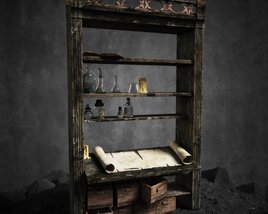 Antique Shelf with Scrolls and Pottery Modèle 3D