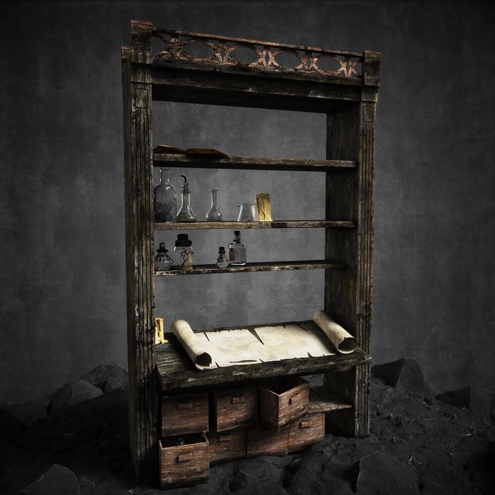 Antique Shelf with Scrolls and Pottery 3d model