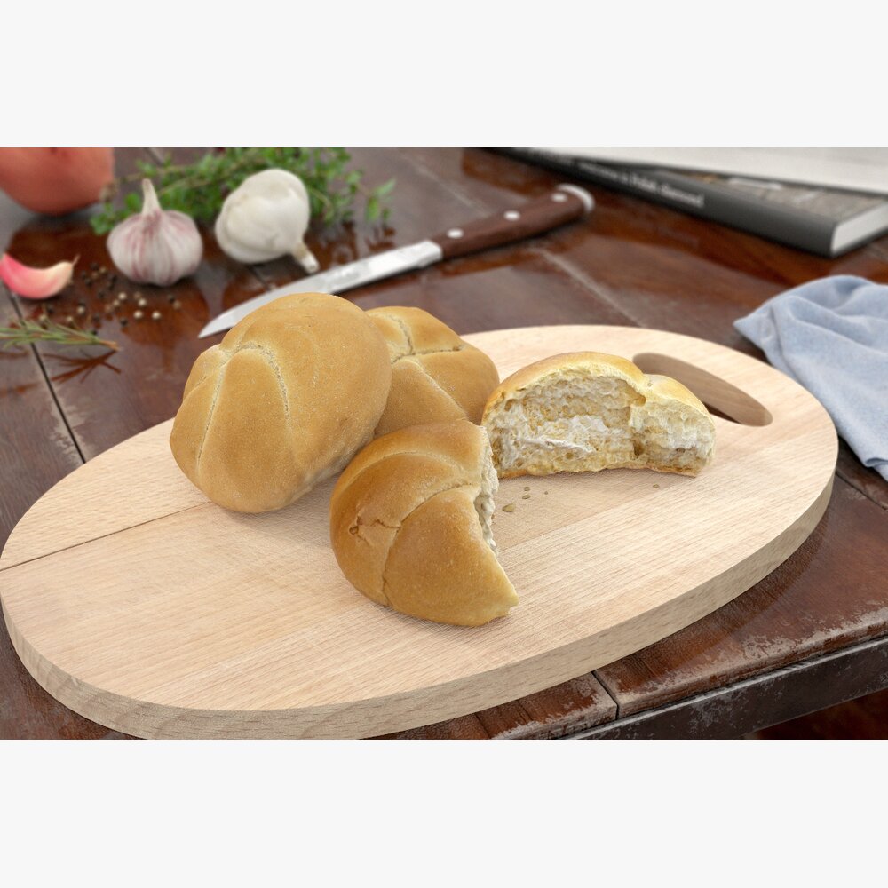 Freshly Baked Bread on Cutting Board Modello 3D