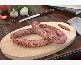 Fresh Sausage on a Wooden Cutting Board 3D 모델 