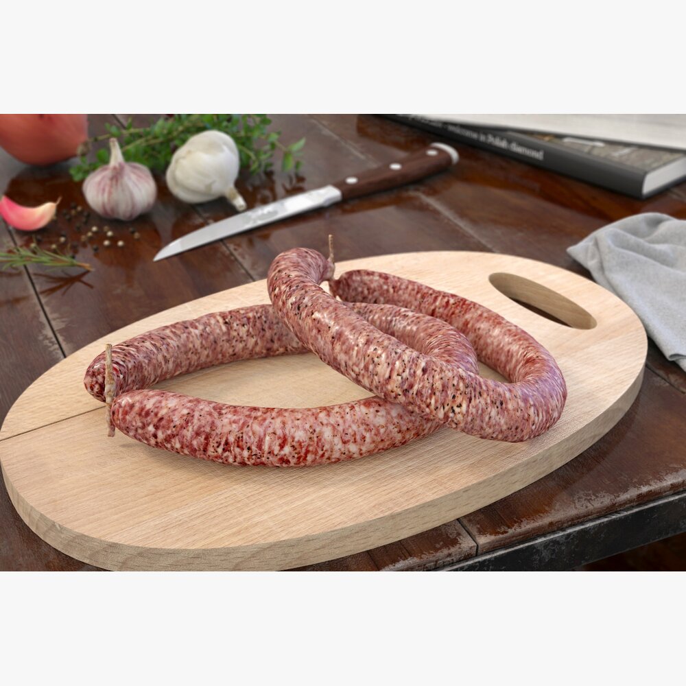 Fresh Sausage on a Wooden Cutting Board 3D 모델 