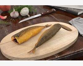 Smoked Fish on Wooden Cutting Board Modelo 3d