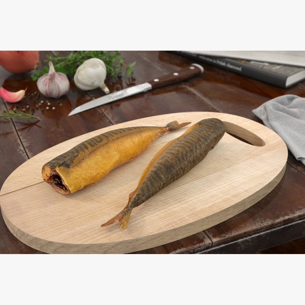 Smoked Fish on Wooden Cutting Board 3D модель