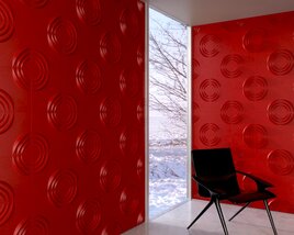 Red Textured Wall with Modern Black Chair Modello 3D