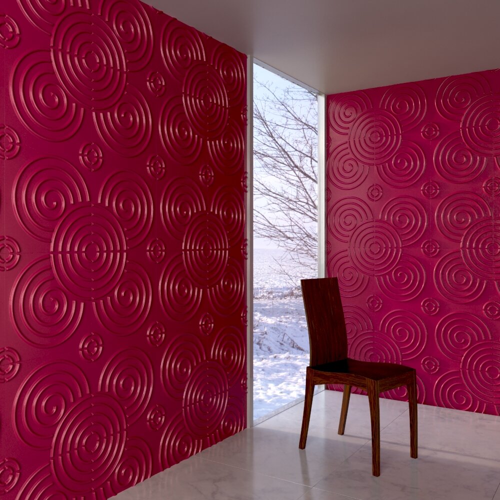 Vibrant Red Textured Wall Panels and Modern Chair 3Dモデル