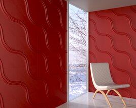 Contemporary Red Wavy Wall Panels with Modern Chair Modello 3D