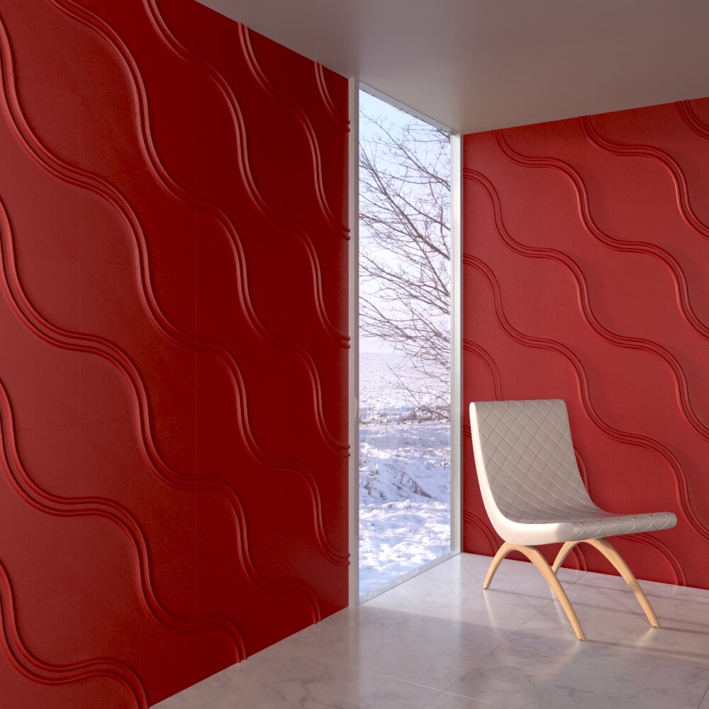 Contemporary Red Wavy Wall Panels with Modern Chair 3Dモデル