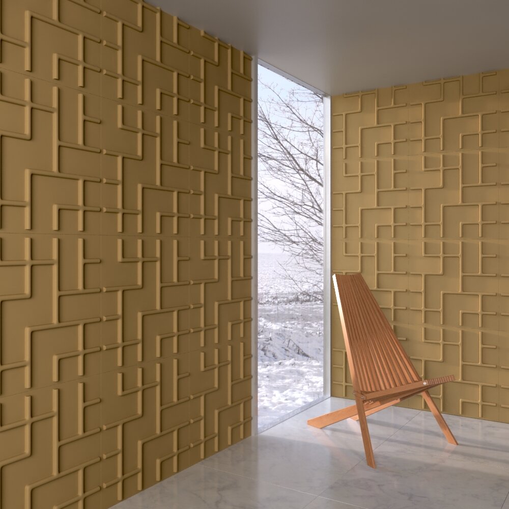 Modern Geometric Wall Texture with Wooden Chair Modèle 3D