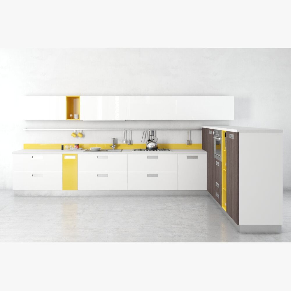 Modern White and Yellow Kitchen Interior Modèle 3D