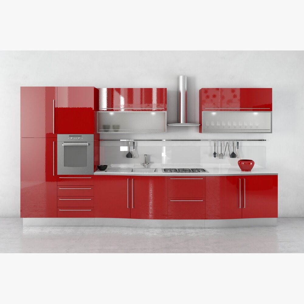 Modern Red Kitchen Cabinetry 3D model