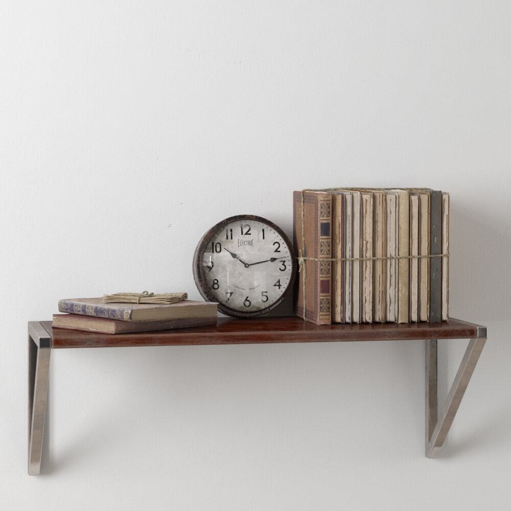 Vintage Clock and Books on a Shelf 3D-Modell