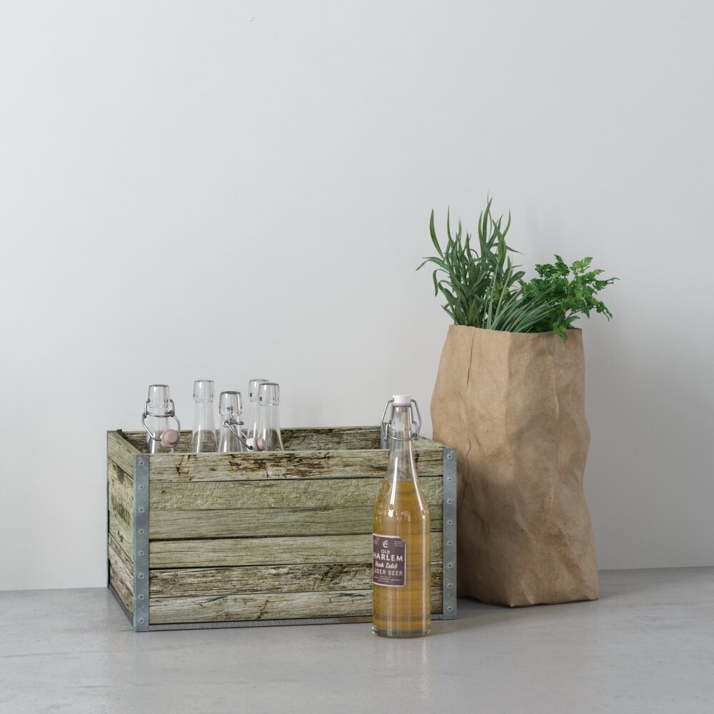 Rustic Wooden Crate with Glass Bottles 3D 모델 