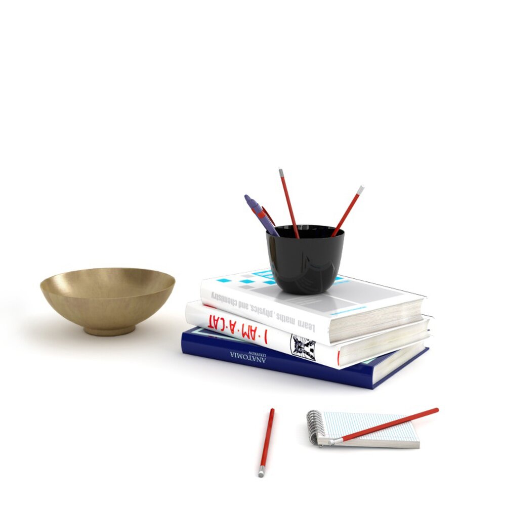 Books, Bowl, and Pencil Cup Modelo 3d