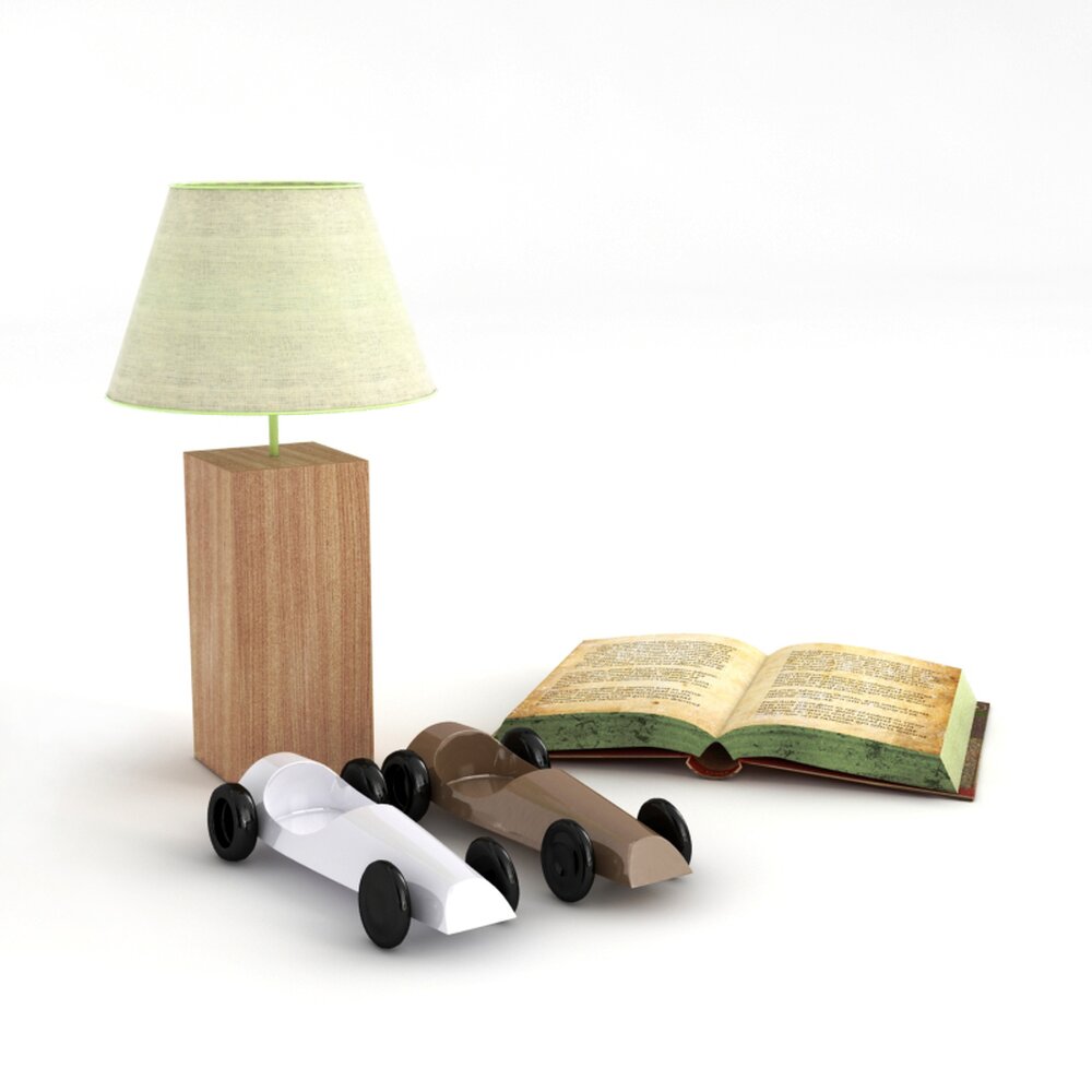 Table Lamp and Open Book with Toy Cars Modelo 3d