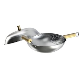 Stainless Steel Wok with Lid 3D 모델 