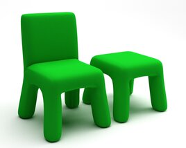 Green Chair and Stool Set 3D 모델 