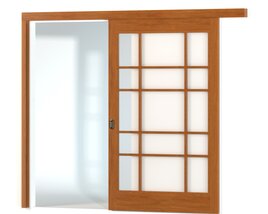 Sliding Wooden Door with Frosted Glass Panels 3D模型