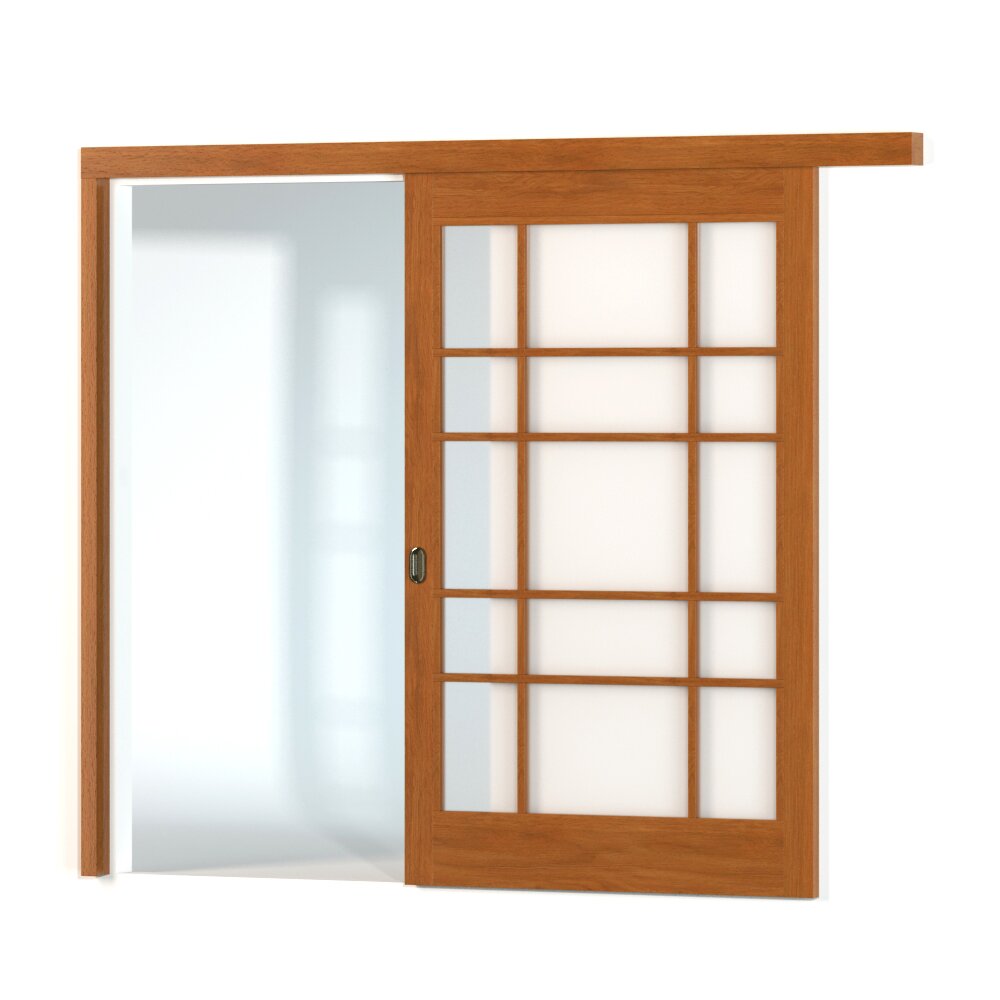 Sliding Wooden Door with Frosted Glass Panels 3D模型