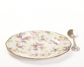 Floral Porcelain Plate and Spoon 3Dモデル