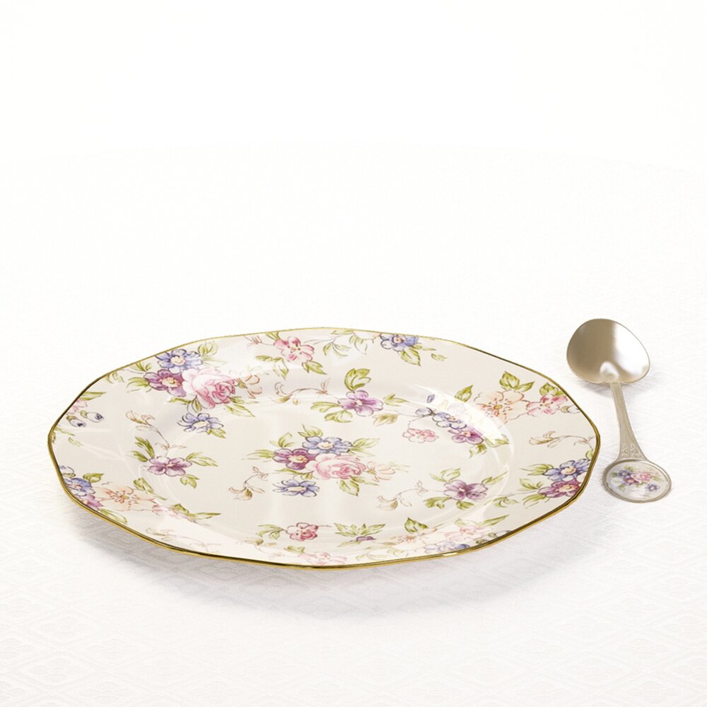 Floral Porcelain Plate and Spoon 3D 모델 